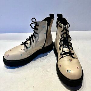 Zara Women's Ankle Boots Lace Up w/ side zip Ivory w/ pink, blue floral Size 38